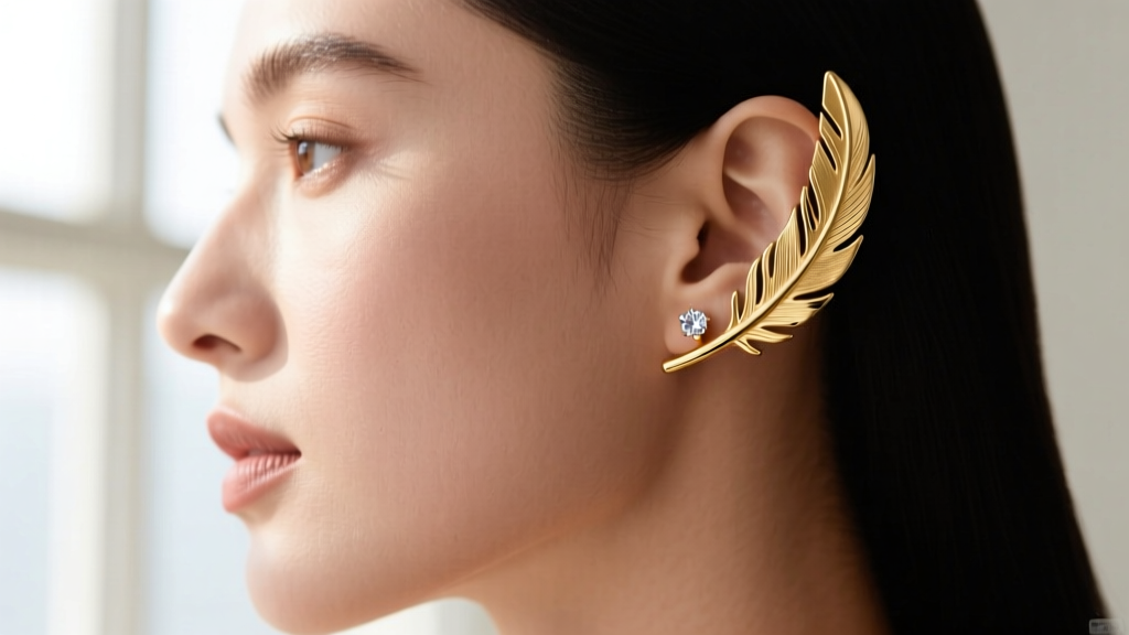 Side profile showing a 14k gold vermeil metal feather ear cuff paired with a small diamond stud on a curved helix piercing