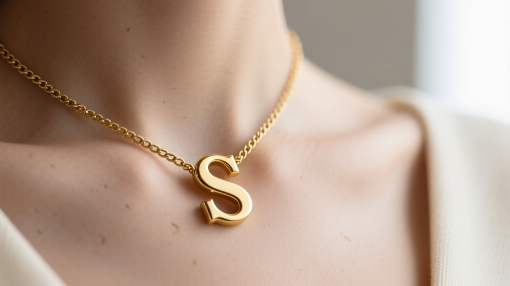 Close-up of a 14k gold letter S necklace on a collarbone, soft lighting highlighting the polished metal and delicate cable chain.