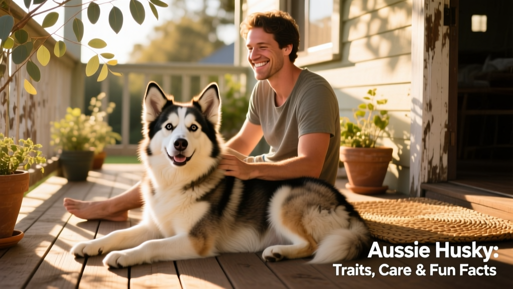 A relaxed Aussie Husky resting beside its owner on a sunlit porch, both smiling warmly