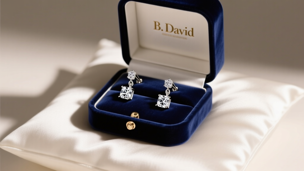 Navy velvet box displaying B. David sterling silver cubic zirconia drop earrings on white satin under soft, warm studio lighting