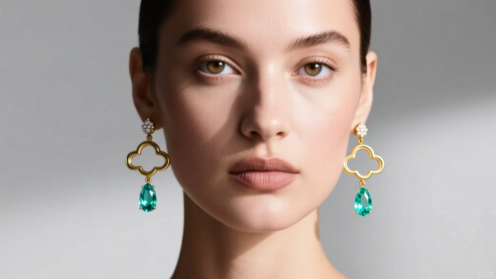 Editorial portrait of a model wearing 14k gold rain cloud earrings with aquamarine briolette drops under soft studio lighting