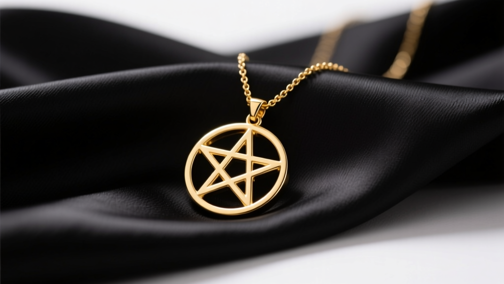 14k gold pentagram necklace on black silk, soft lighting highlighting the precise geometric edges of the delicate metal charm.