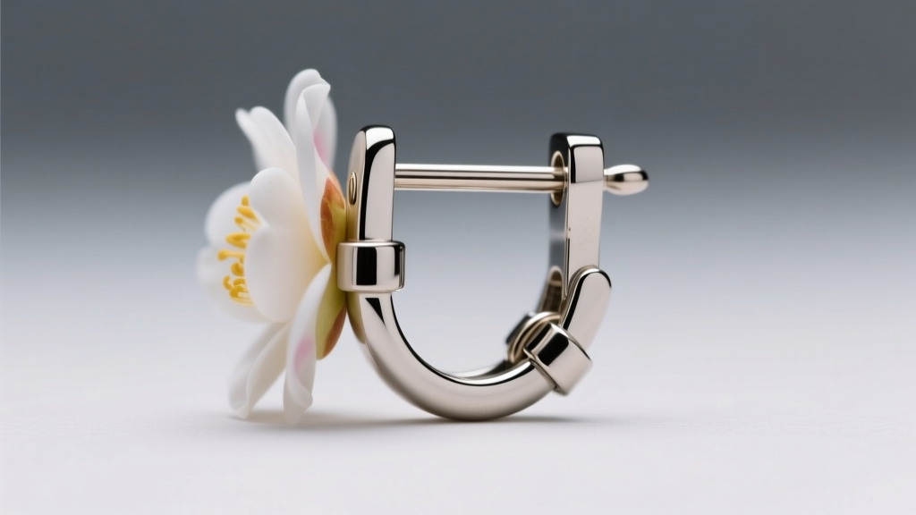 Macro shot of a leverback camellia earring clasp, highlighting the 18-gauge titanium post and secure locking hinge metal detail.