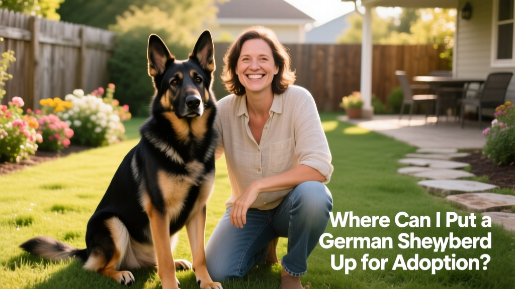 German Shepherd sitting calmly beside a smiling person in a sunlit backyard