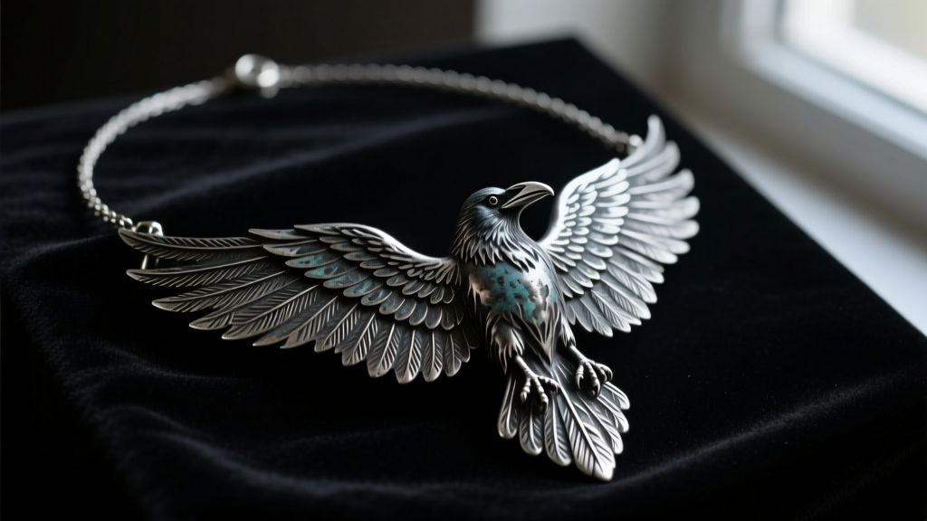 Oxidized silver ravens necklace on dark velvet, moody lighting highlighting detailed feather engravings and a dark patina.