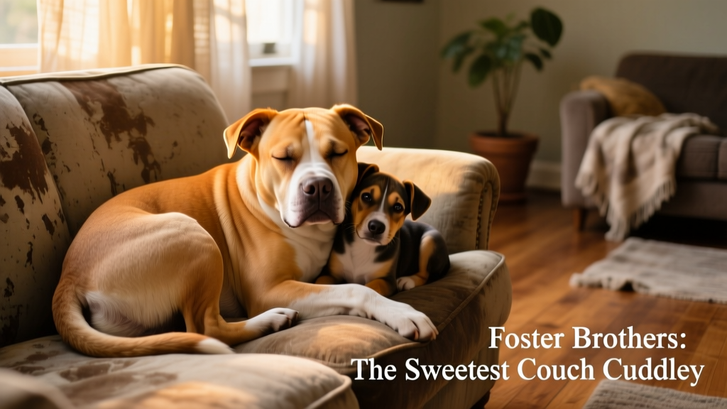 Close-up of Dozer sighing contentedly while nestled against Chimney on the sofa, ears relaxed and eyes half-closed