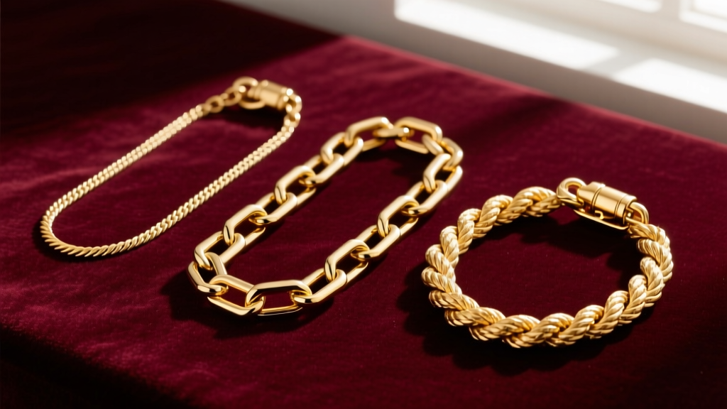 Three gold chains on velvet: a 1.0mm cable chain, a 1.5mm box chain, and a 2.0mm rope chain, highlighting secure lobster clasps.