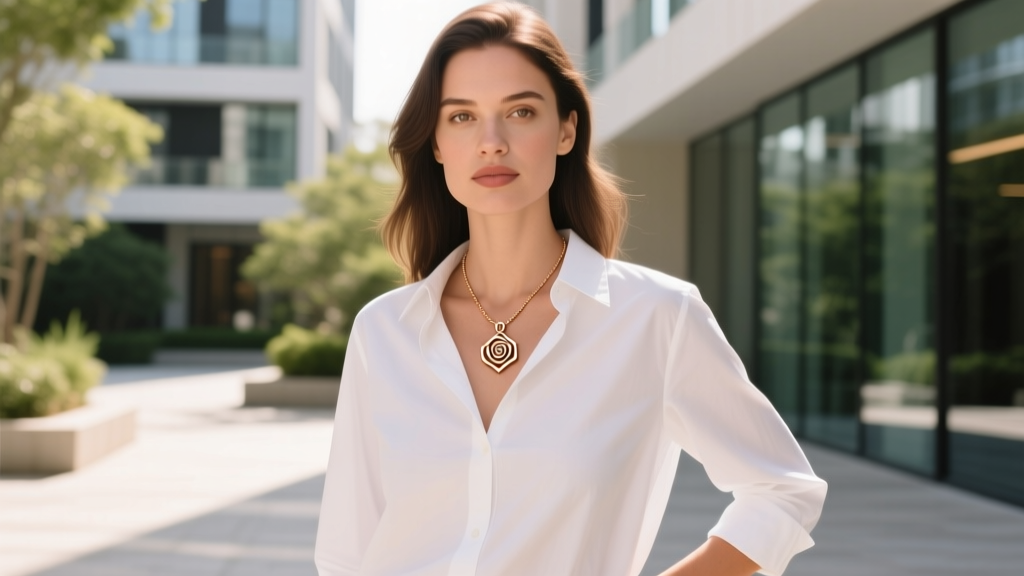Woman wearing a crisp white button-down shirt with an open collar, showcasing a 16-inch rose gold pendant necklace in daylight