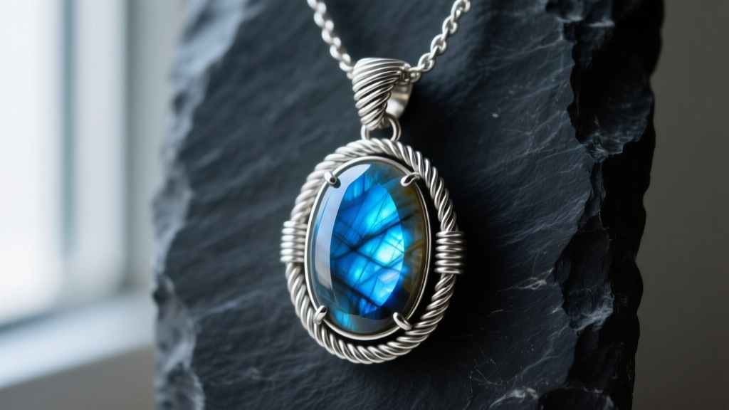 Wire-wrapped AAA labradorite pendant on dark slate, showing bright blue schiller flash and tight, neat sterling silver wire coils.