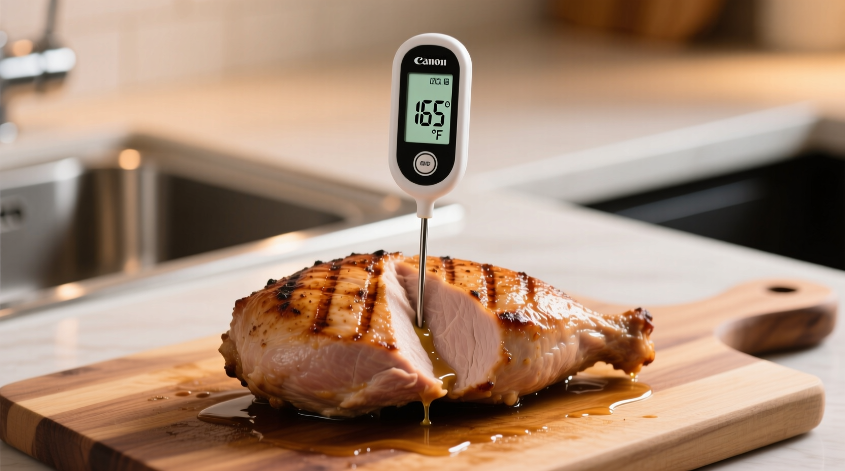 Digital thermometer measuring ground turkey temperature