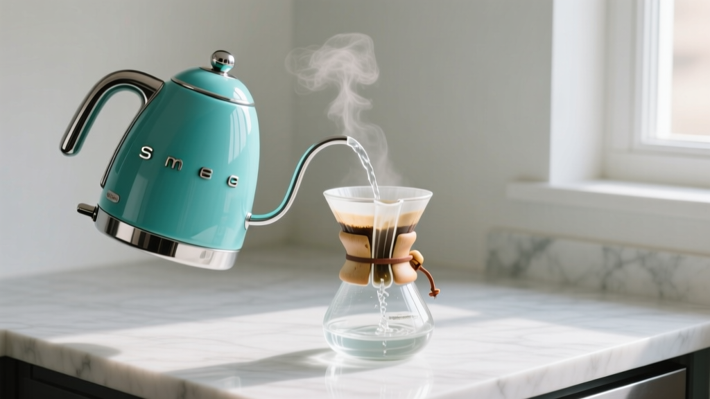 Smeg retro turquoise variable temperature kettle pouring hot water into a glass Chemex pour-over dripper on a white marble countertop