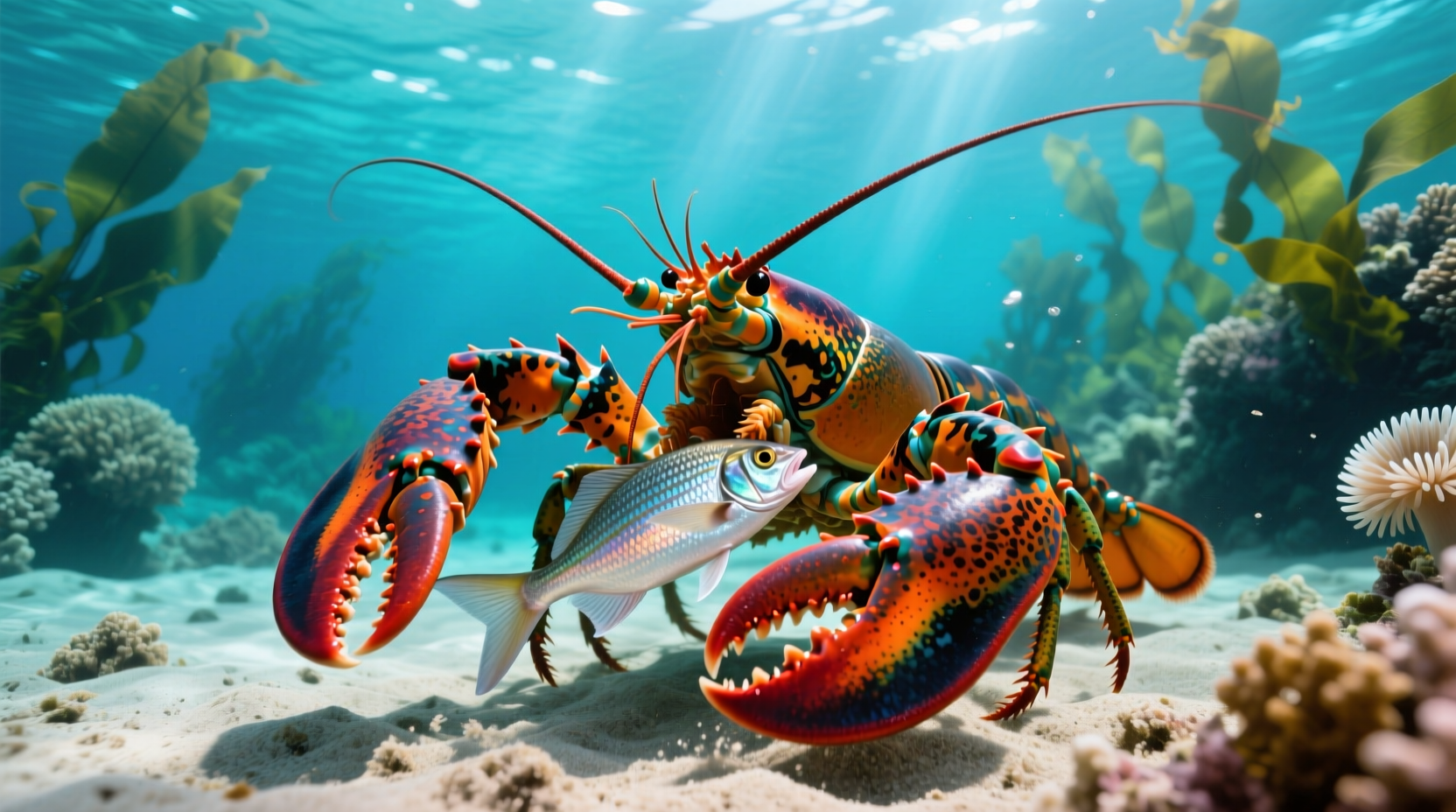 Lobster eating fish in natural ocean habitat