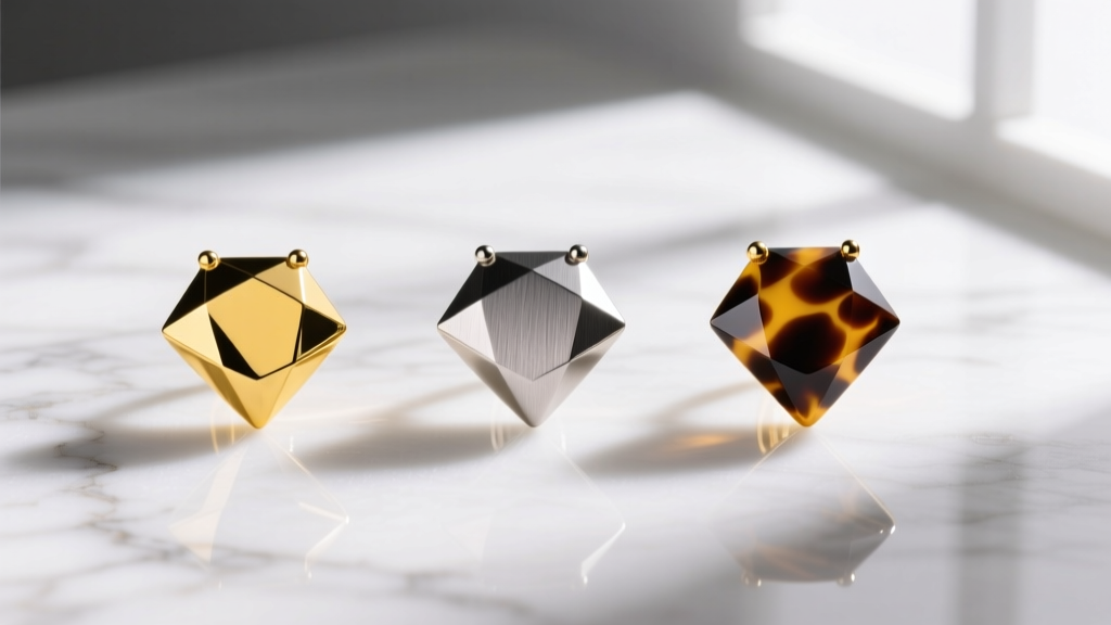 Flat-lay of diamond shaped earrings in yellow gold, brushed titanium, and tortoiseshell acetate on a white marble surface