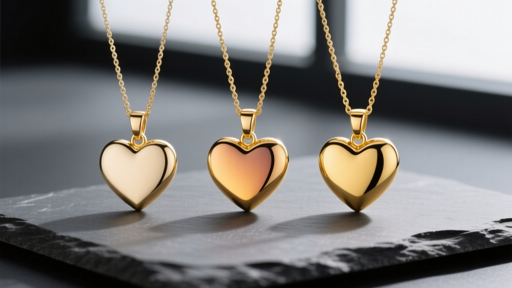 Three gold heart pendants in 10k, 14k, and 18k yellow gold side-by-side, showing color differences on a dark grey slate.