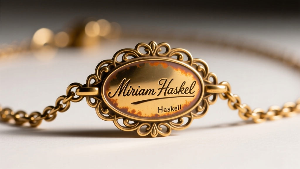 Back of a 1950s Haskell necklace clasp showing the oval Miriam Haskell hallmark plaque soldered onto the brass chain