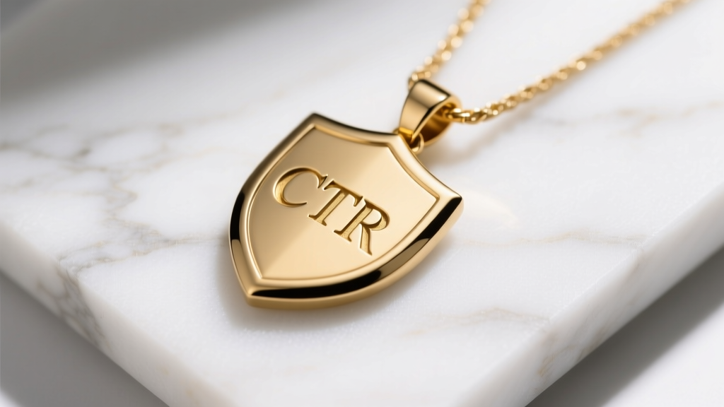 Minimalist gold PVD titanium CTR shield pendant with deep CNC lettering shot from a 45-degree angle on a white marble slab