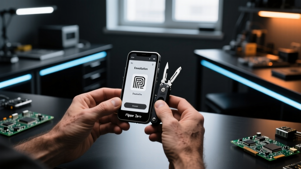 Hands holding a Flipper Zero multi-tool device with the monochrome screen displaying an RFID emulation menu in a dimly lit tech workspace
