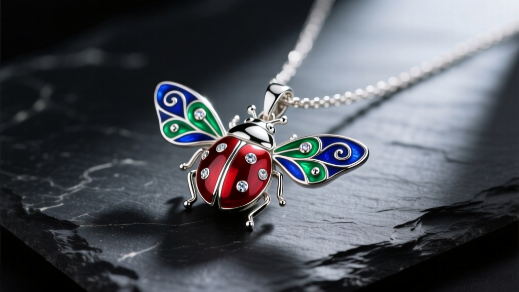 Macro shot of a sterling silver ladybug necklace pendant on dark slate, showing guilloché enamel wings and marcasite spots