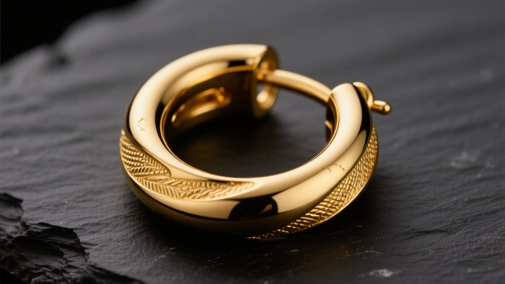 Close-up of a thick 16-gauge 24k gold vermeil huggie earring with a snap clasp, resting on dark slate under warm studio lighting.