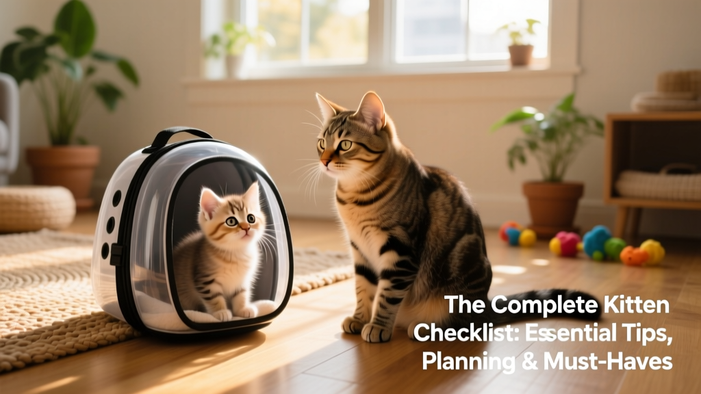 A calm, supervised introduction between a kitten in a carrier and an older cat sitting nearby, both relaxed and curious