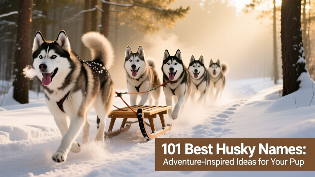 A team of Siberian huskies pulling a lightweight sled across a snowy forest trail, breath visible in the crisp air