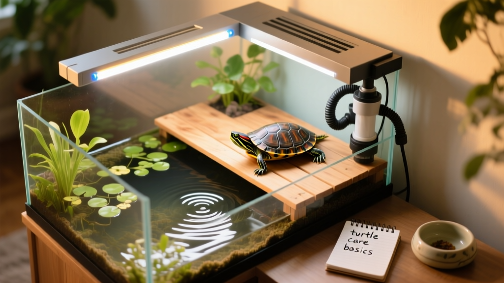 Overhead view of a well-structured red-eared slider habitat showing water zone, basking dock, filter, and lighting setup