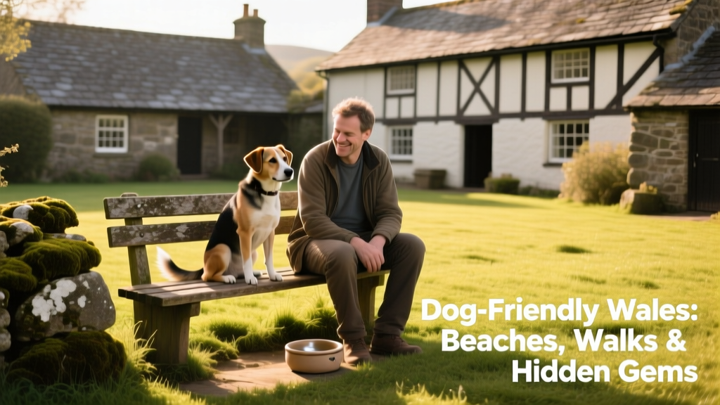 A sunny, grassy courtyard at St Fagans Museum with traditional Welsh buildings, a dog sitting calmly beside its owner on a bench, and a visible dog water bowl nearby