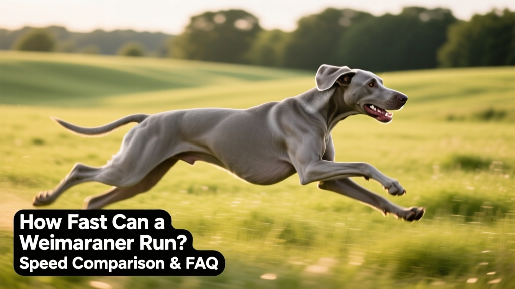 A Weimaraner sprinting across an open grassy field, muscles taut and ears back