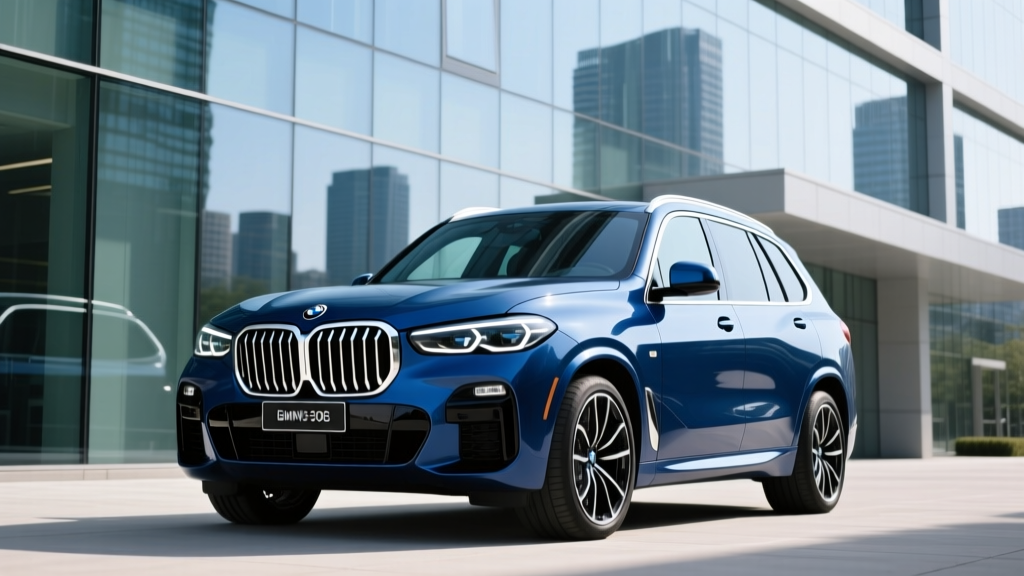 2026 BMW X5 xDrive50e parked in front of a modern glass office building highlighting its executive luxury design