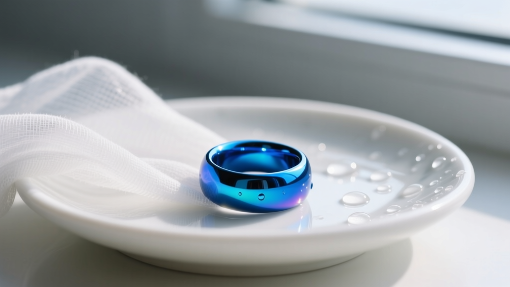 Soft microfiber cloth gently wiping a vibrant blue anodized titanium septum ring over a ceramic dish with mild soapy water.