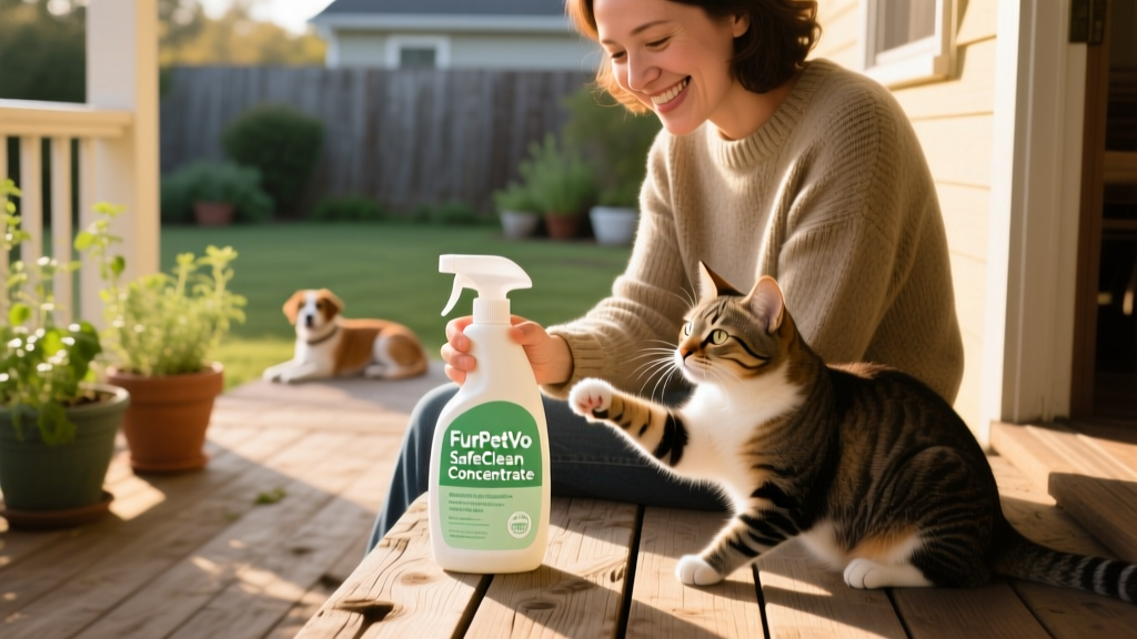 A pet owner reading a safety label on a cleaning product bottle labeled 'FurPetVo SafeClean Concentrate'