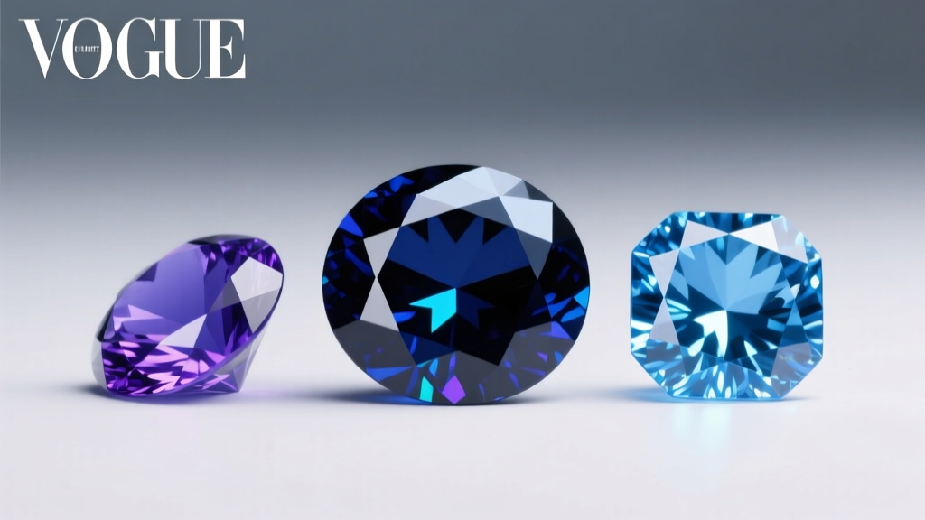 Macro photography comparing three blue gems: a dark Ceylon sapphire, a violet-blue tanzanite, and a bright blue cubic zirconia