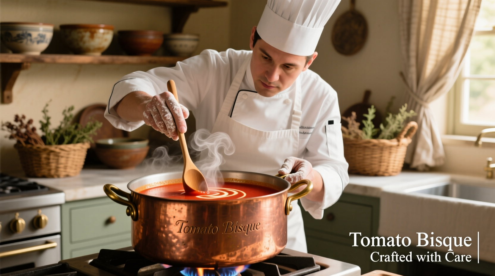 Chef preparing smooth tomato bisque in copper pot