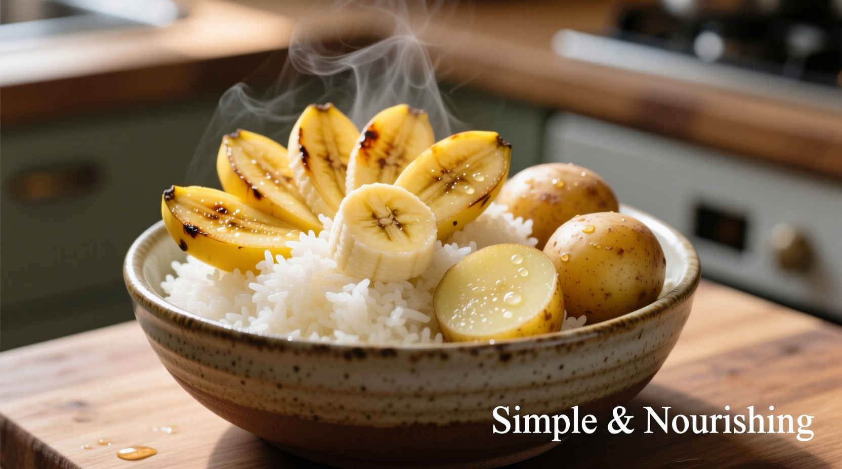 Bowl of rice with banana slices and boiled potatoes