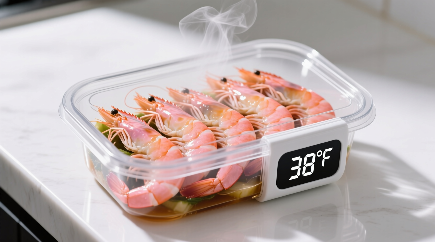 Fresh cooked shrimp in airtight container with thermometer showing 38°F