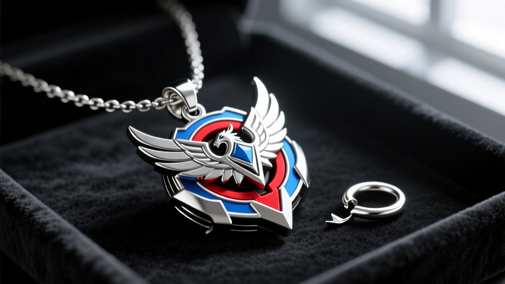 Macro shot of a metallic Storm Pegasus Beyblade pendant necklace with a snapped silver jump ring on a dark jeweler