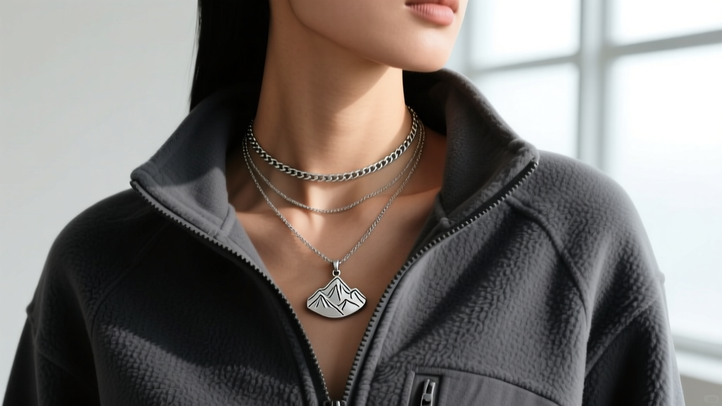Layered necklaces showing a 16-inch choker and 20-inch topographic pendant worn over a charcoal zip-up hiking fleece jacket