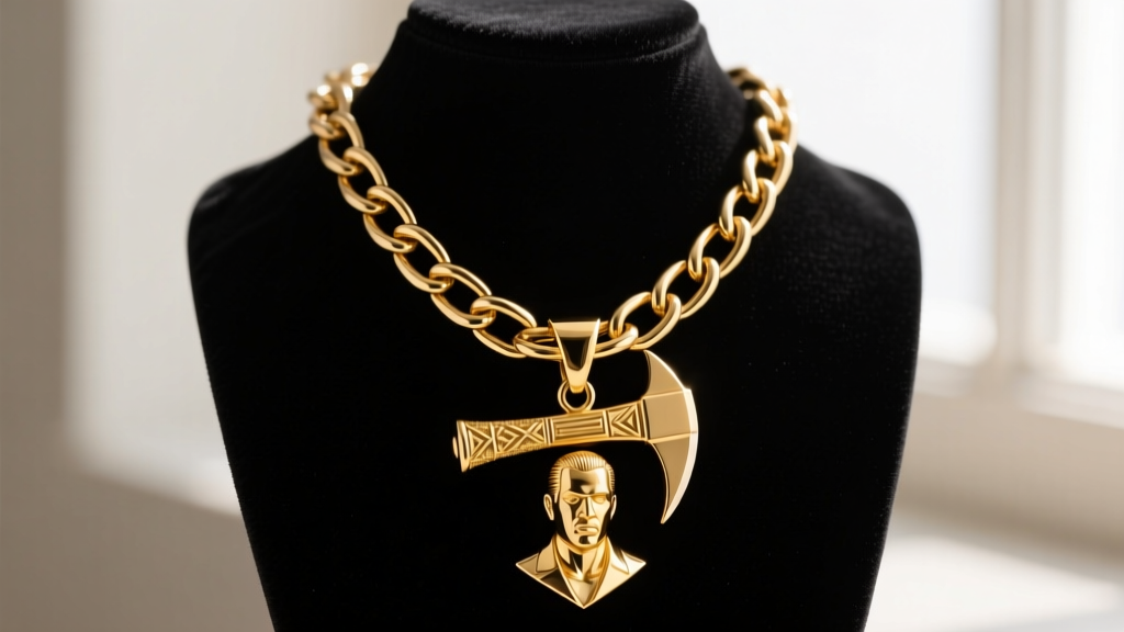 Thick 4mm steel Cuban link chain threading through the oversized bail of a solid gold hatchet man pendant on a velvet display bust