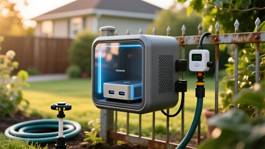 Weatherproof outdoor enclosure housing a USB-C dock and mini PC, mounted on a fence next to a smart sprinkler irrigation controller