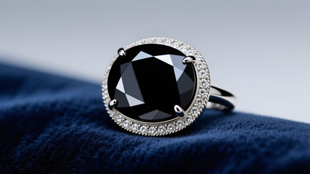 Deep black onyx cabochon in a sterling silver bezel setting resting on dark blue velvet fabric under soft diffused studio lighting