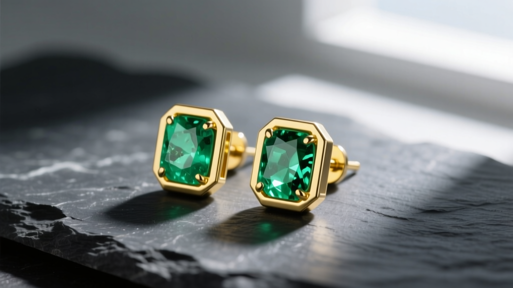18k green gold stud earrings with raw emeralds on dark slate, soft lighting highlighting the subtle yellow-green metallic hue.