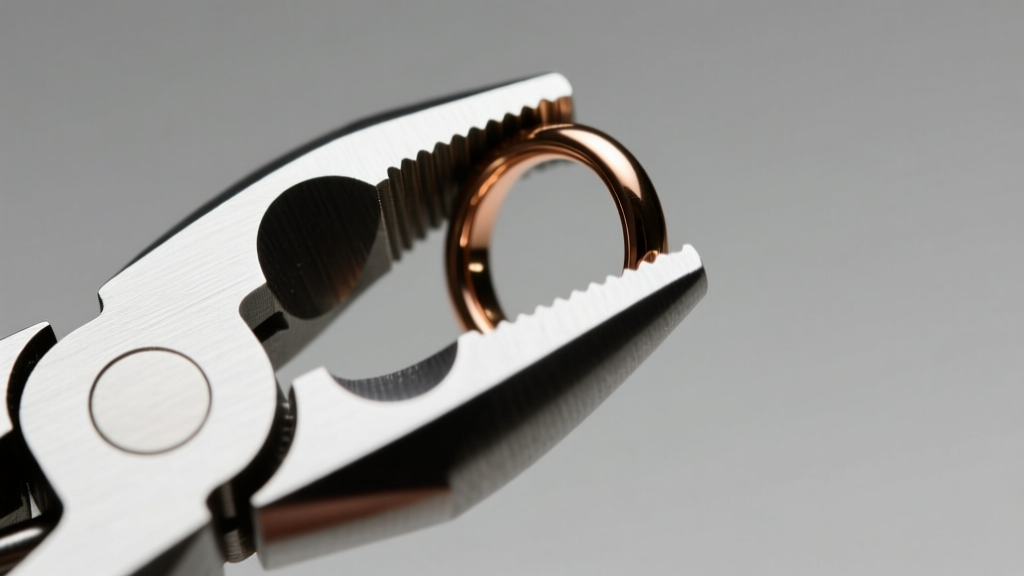 Macro shot of smooth steel jaws on round nose jewelry pliers bending a 16-gauge titanium septum ring without scratching the metal.
