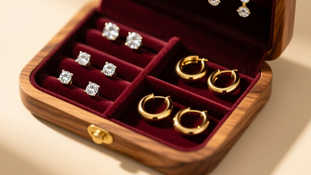 Top-down view of a DIY walnut and velvet earring organizer holding diamond studs and gold hoops under soft, warm studio lighting.