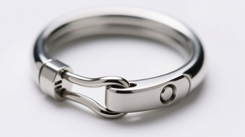 Macro photography of an 18-gauge stainless steel hoop earring saddleback clasp mechanism, showing the interlocking groove detail.