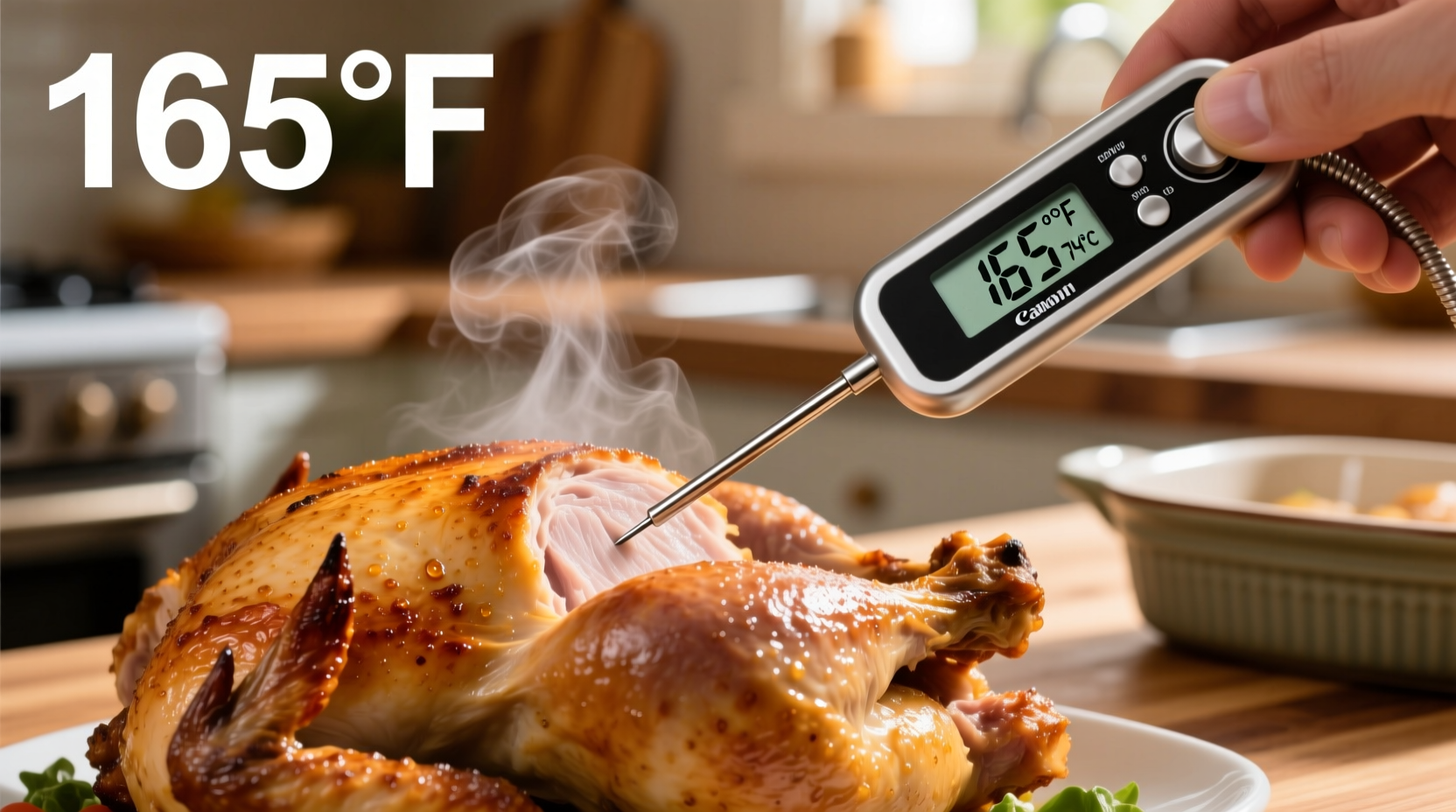 Oven thermometer checking chicken temperature