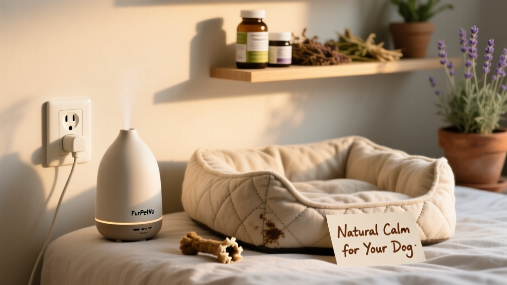 A ceramic FurPetVo pheromone diffuser plugged into an outlet beside a cozy dog bed, with soft lighting