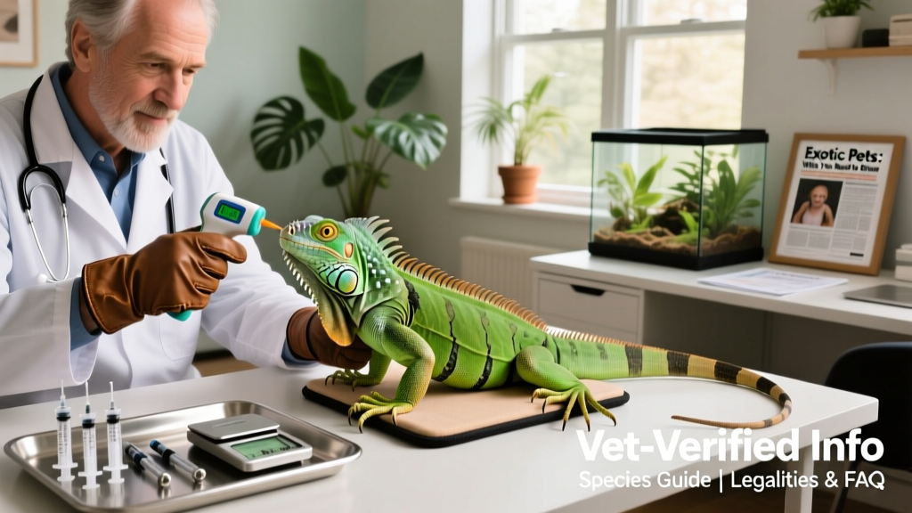 A veterinarian examining a green iguana during a wellness check, using digital thermometers and specialized handling tools