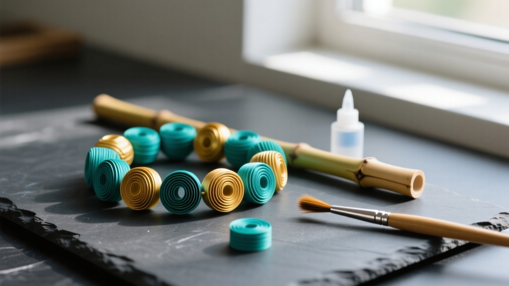 Vibrant hand-rolled paper beads in teal and gold on a dark slate workspace beside a bamboo mandrel and a small glue brush.