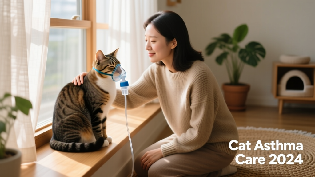 Cat comfortably using an inhaler mask with a spacer device, supervised by a calm owner