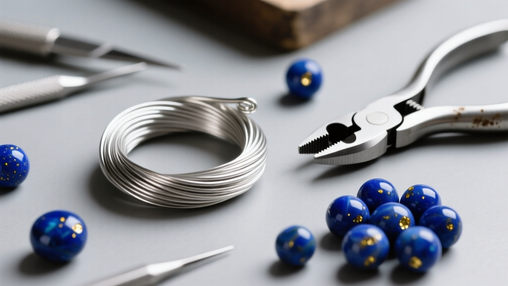 Macro photo of jeweler bench with 20-gauge half-hard sterling silver wire, flush cutters, and polished lapis lazuli beads arranged